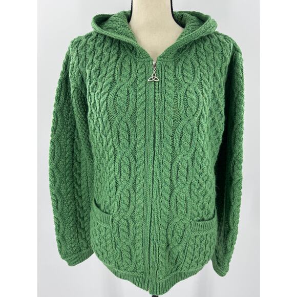 Aran Isles Green 100% Wool Hooded Sweater Coatigan Cableknit Full Zip Large - Picture 1 of 12
